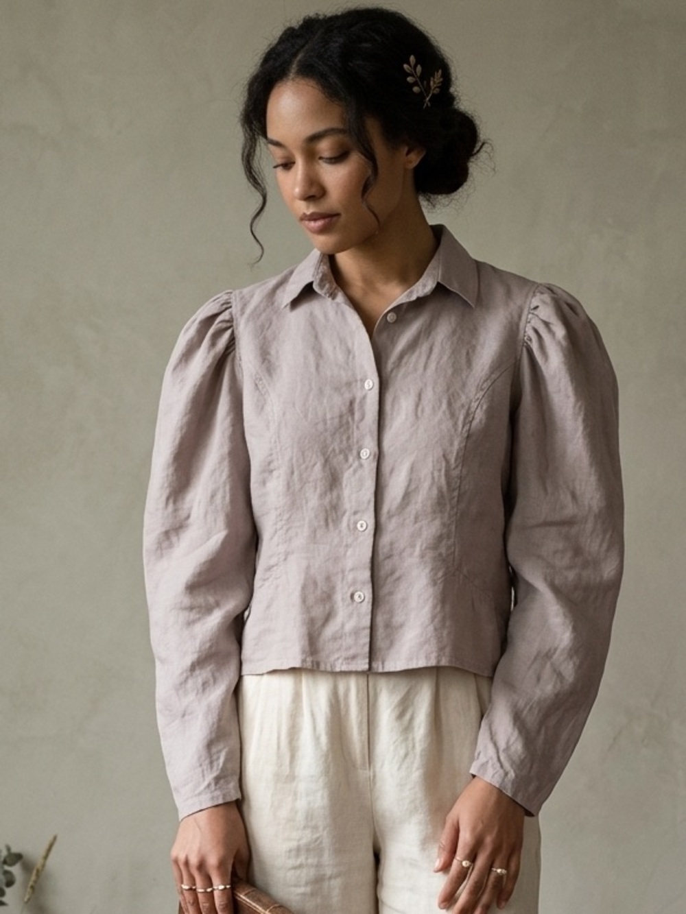 Ovate Linen Nightshade Puff-Sleeve Button-Up Top Dusty Mauve Size Large